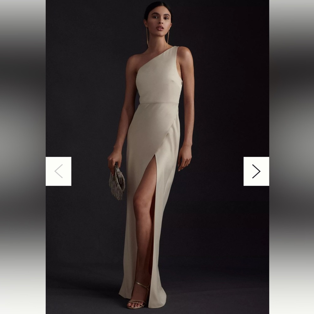 BHLDN DYLAN ONE-SHOULDER SATIN SIDE-SLIT GOWN - CHAMPAGNE - Picture 1 of 4